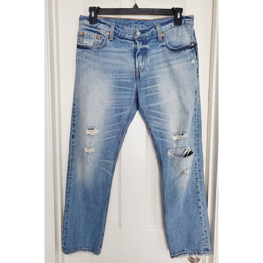 Levi Strauss 501 CT Jeans Light Wash Distressed Tapered Button‎ Fly Blue 36x27.5